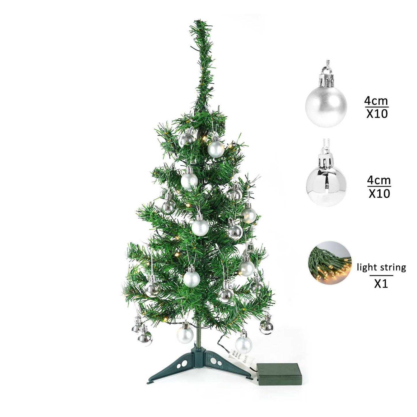 Brad Artificial Impodobit, 60 cm, suport plastic cu instalatie luminoasa 20 LED alb cald + 20 globuri argintii incluse