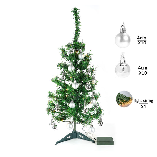 Brad Artificial Impodobit, 60 cm, suport plastic cu instalatie luminoasa 20 LED alb cald + 20 globuri argintii incluse