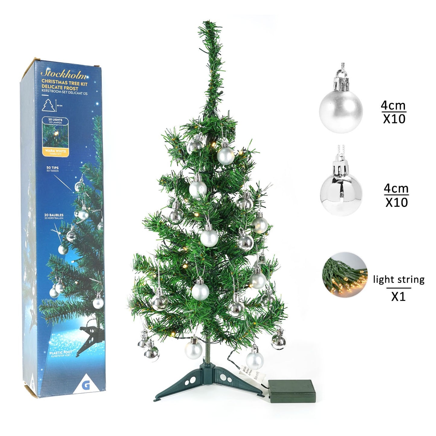 Brad Artificial Impodobit, 60 cm, suport plastic cu instalatie luminoasa 20 LED alb cald + 20 globuri argintii incluse