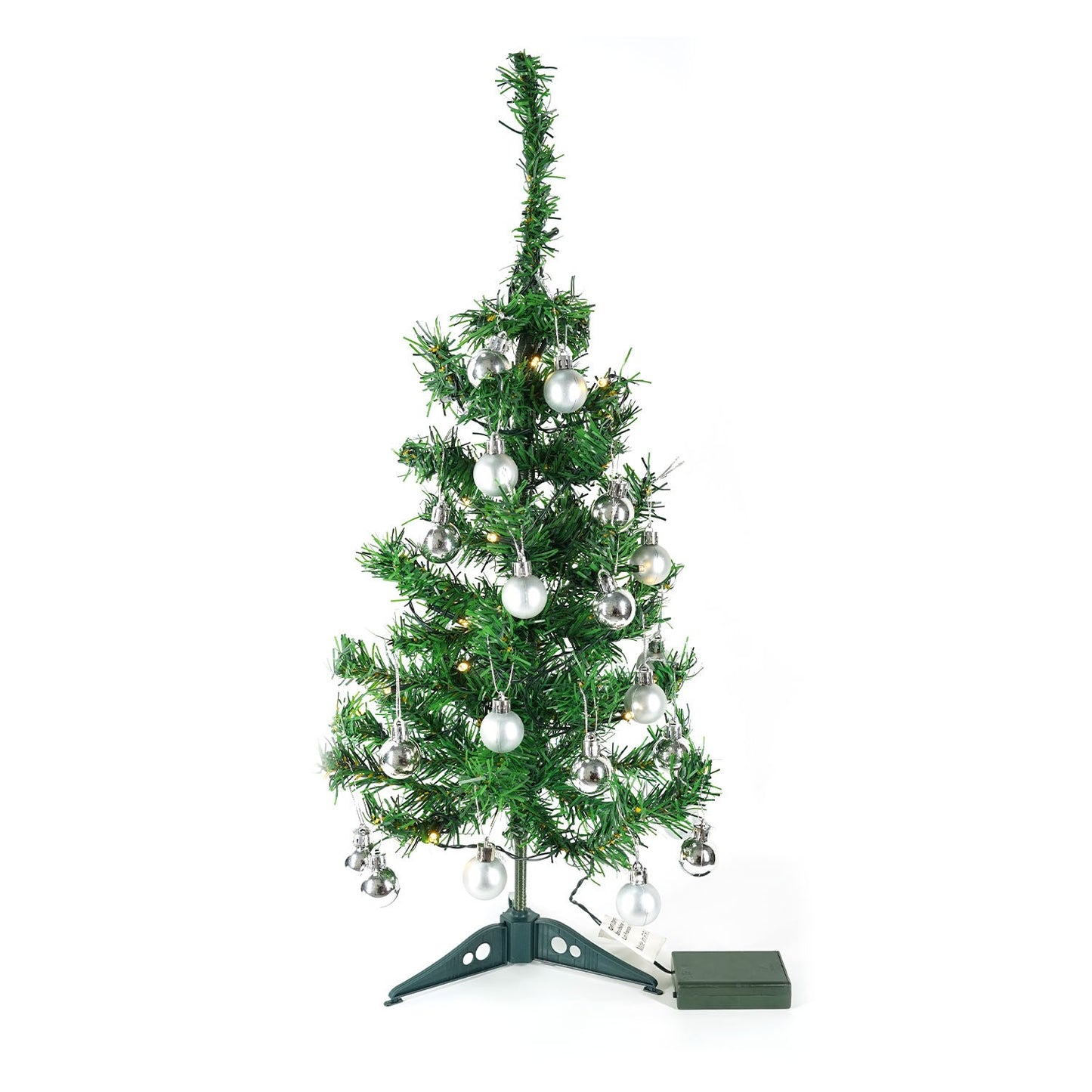 Brad Artificial Impodobit, 60 cm, suport plastic cu instalatie luminoasa 20 LED alb cald + 20 globuri argintii incluse