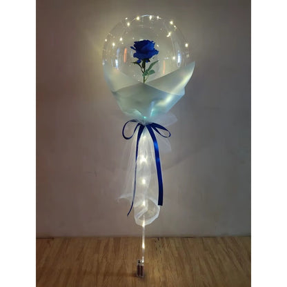 Buchet Decorativ, Trandafir in Balon cu Lumini Led, Diametru 35 cm, 2 x Baterii AA (neincluse), Albastru/Alb