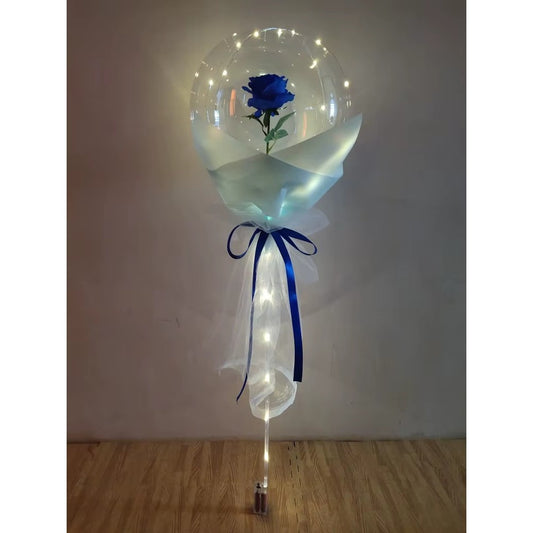 Buchet Decorativ, Trandafir in Balon cu Lumini Led, Diametru 35 cm, 2 x Baterii AA (neincluse), Albastru/Alb