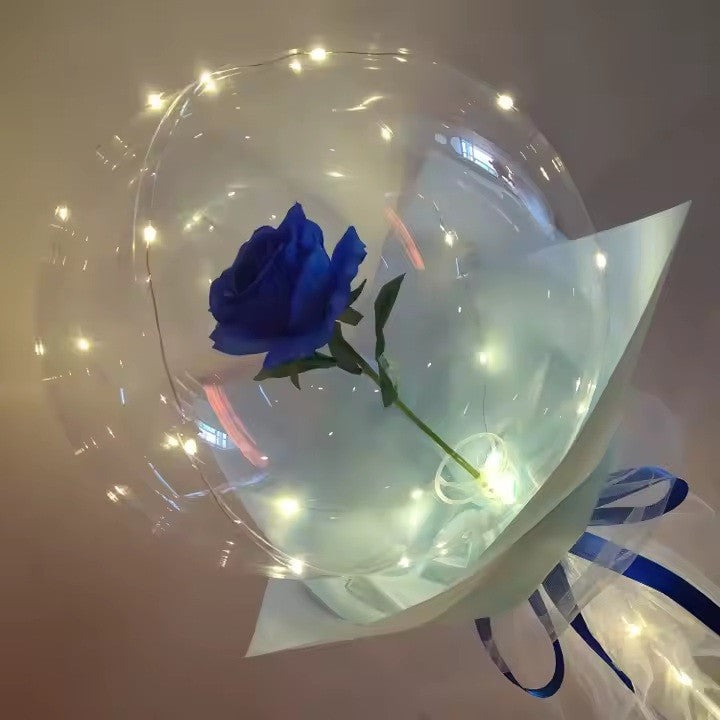 Buchet Decorativ, Trandafir in Balon cu Lumini Led, Diametru 35 cm, 2 x Baterii AA (neincluse), Albastru/Alb