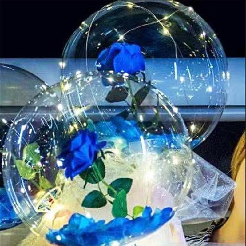Buchet Decorativ, Trandafir in Balon cu Lumini Led, Diametru 35 cm, 2 x Baterii AA (neincluse), Albastru/Alb