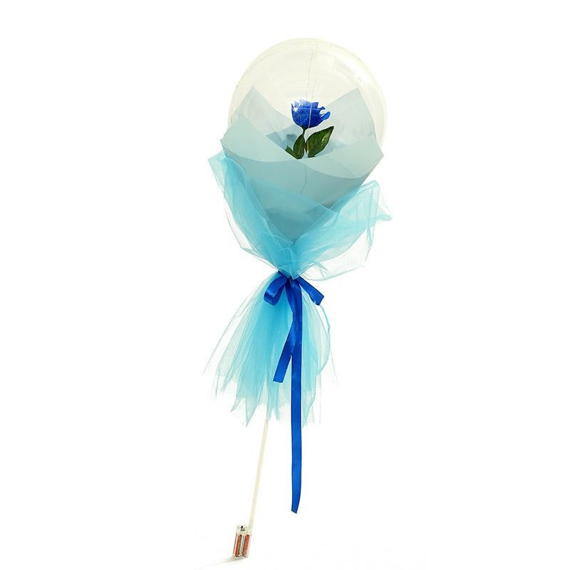 Buchet Decorativ, Trandafir in Balon cu Lumini Led, Diametru 35 cm, 2 x Baterii AA (neincluse), Albastru/Alb