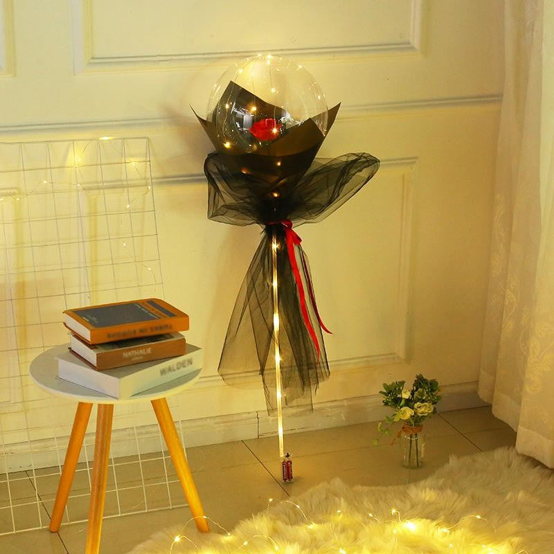 Buchet Decorativ, Trandafir in Balon cu Lumini Led, Diametru 35 cm, 2 x Baterii AA (neincluse), Rosu/Negru
