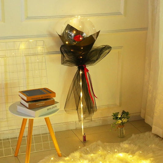 Buchet Decorativ, Trandafir in Balon cu Lumini Led, Diametru 35 cm, 2 x Baterii AA (neincluse), Rosu/Negru
