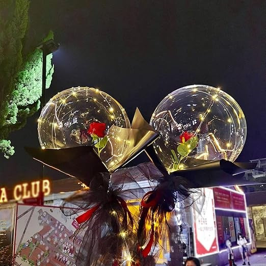 Buchet Decorativ, Trandafir in Balon cu Lumini Led, Diametru 35 cm, 2 x Baterii AA (neincluse), Rosu/Negru
