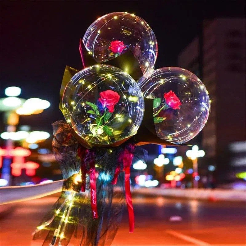 Buchet Decorativ, Trandafir in Balon cu Lumini Led, Diametru 35 cm, 2 x Baterii AA (neincluse), Rosu/Negru