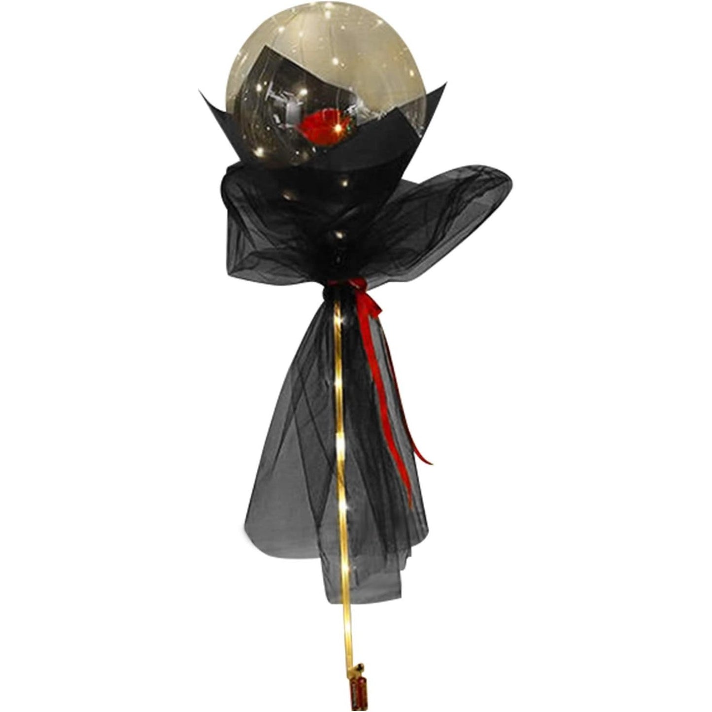 Buchet Decorativ, Trandafir in Balon cu Lumini Led, Diametru 35 cm, 2 x Baterii AA (neincluse), Rosu/Negru