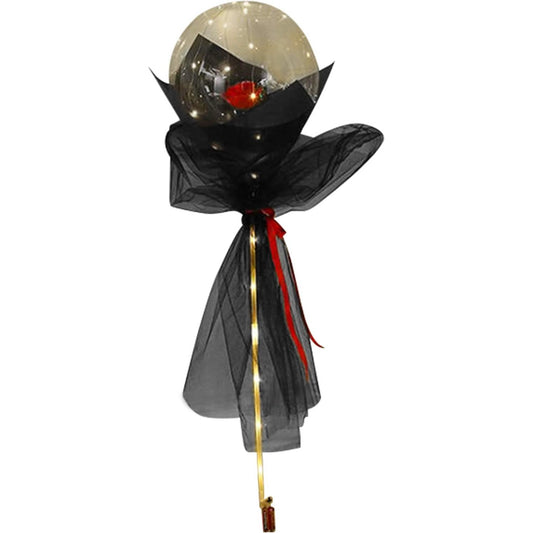 Buchet Decorativ, Trandafir in Balon cu Lumini Led, Diametru 35 cm, 2 x Baterii AA (neincluse), Rosu/Negru