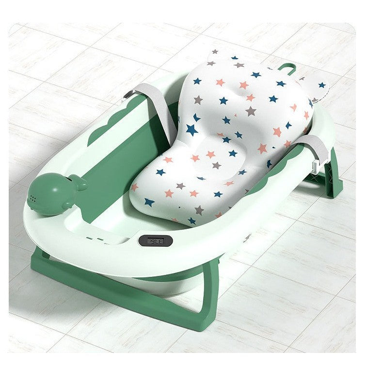 Cada de Baie, pentru Copii 0 luni - 6 Ani, cu Termometru, Pliabila, Perna Suport Inclusa, din Plastic, 81.5 x 49 x 21.5 cm, Verde