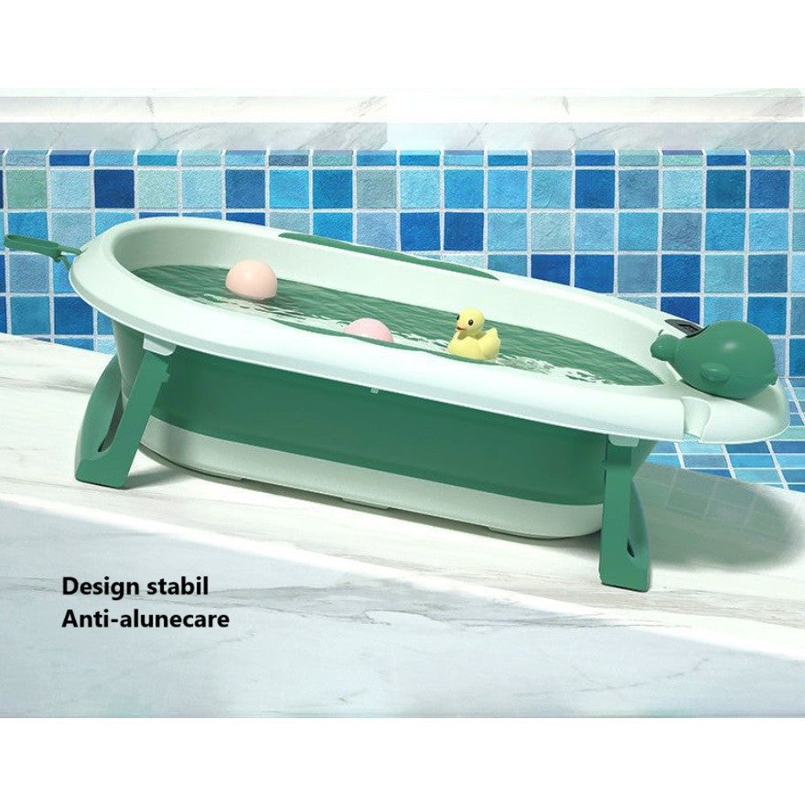 Cada de Baie, pentru Copii 0 luni - 6 Ani, cu Termometru, Pliabila, Perna Suport Inclusa, din Plastic, 81.5 x 49 x 21.5 cm, Verde