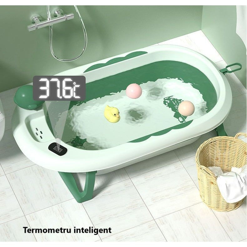 Cada de Baie, pentru Copii 0 luni - 6 Ani, cu Termometru, Pliabila, Perna Suport Inclusa, din Plastic, 81.5 x 49 x 21.5 cm, Verde