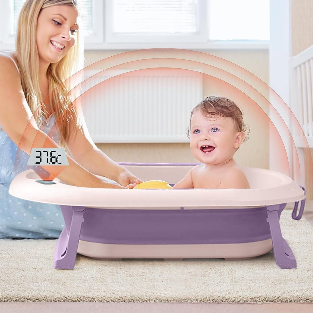 Cada de Baie, pentru Copii 0 luni - 6 Ani, cu Termometru, Pliabila, Perna Suport Inclusa, din Plastic, 81.5 x 49 x 21.5 cm, Mov