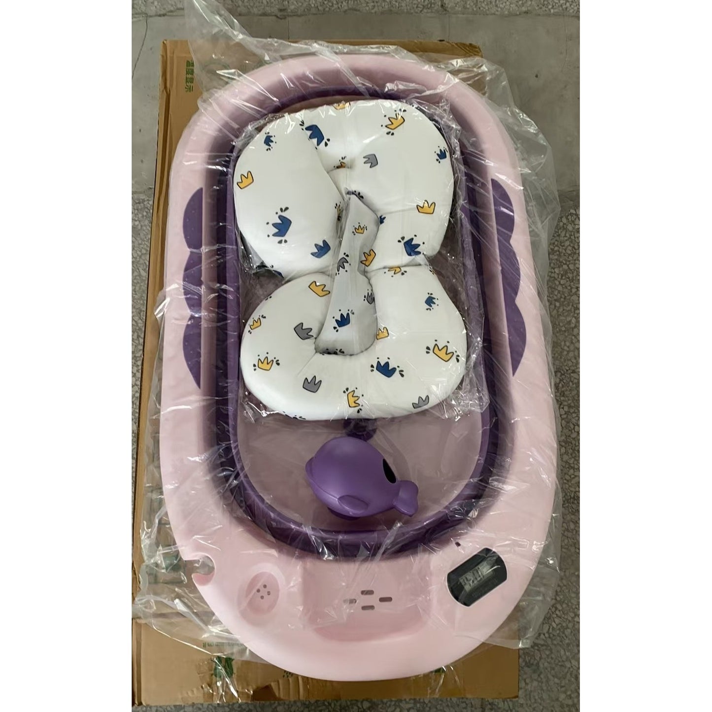 Cada de Baie, pentru Copii 0 luni - 6 Ani, cu Termometru, Pliabila, Perna Suport Inclusa, din Plastic, 81.5 x 49 x 21.5 cm, Mov