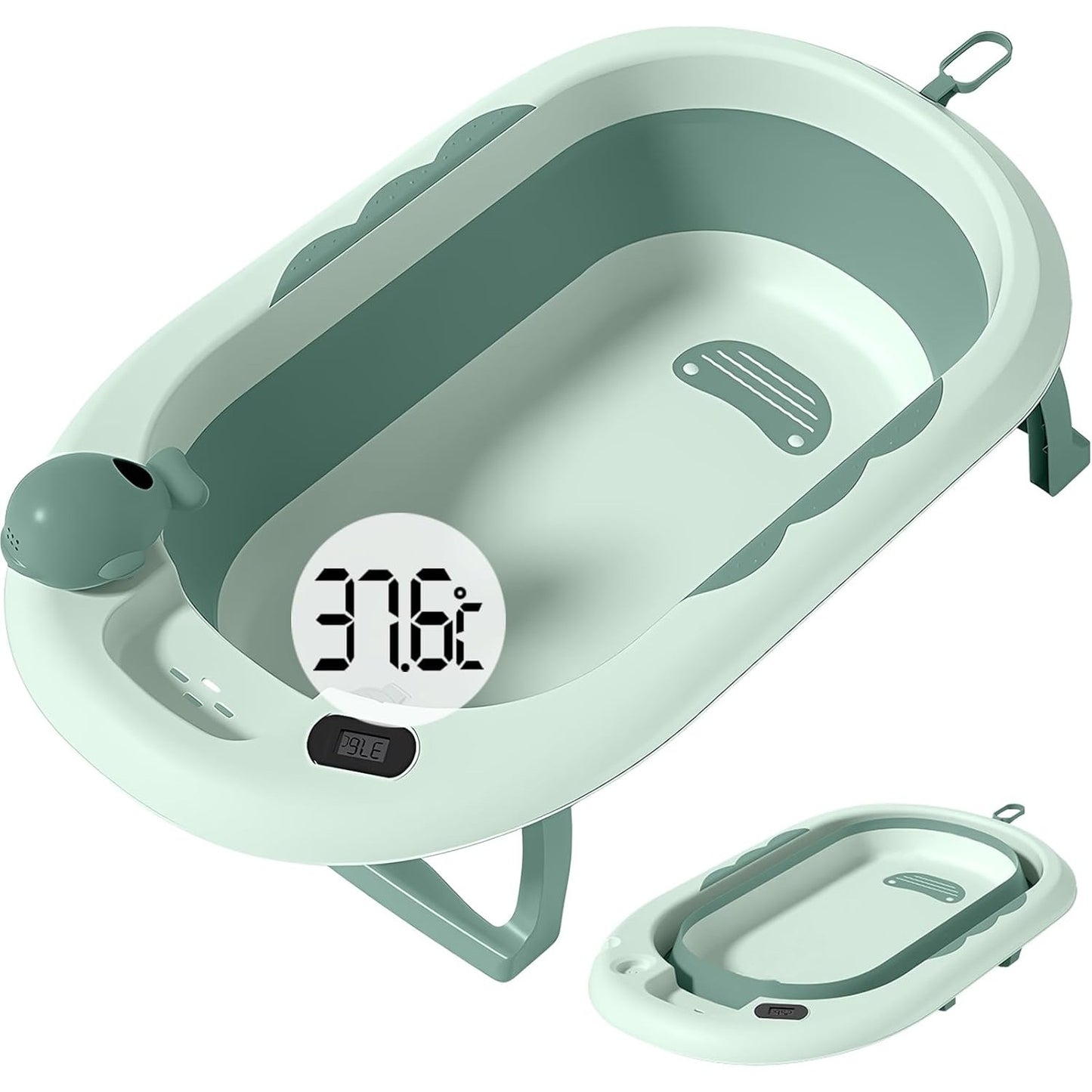 Cada de Baie, pentru Copii 0 luni - 6 Ani, cu Termometru, Pliabila, Perna Suport Inclusa, din Plastic, 81.5 x 49 x 21.5 cm, Verde