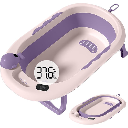 Cada de Baie, pentru Copii 0 luni - 6 Ani, cu Termometru, Pliabila, Perna Suport Inclusa, din Plastic, 81.5 x 49 x 21.5 cm, Mov