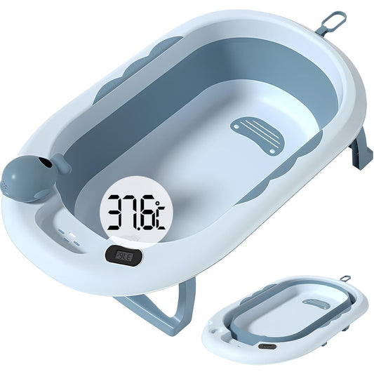 Cada de Baie, pentru Copii 0 luni - 6 Ani, cu Termometru, Pliabila, Perna Suport Inclusa, din Plastic, 81.5 x 49 x 21.5 cm, Albastru