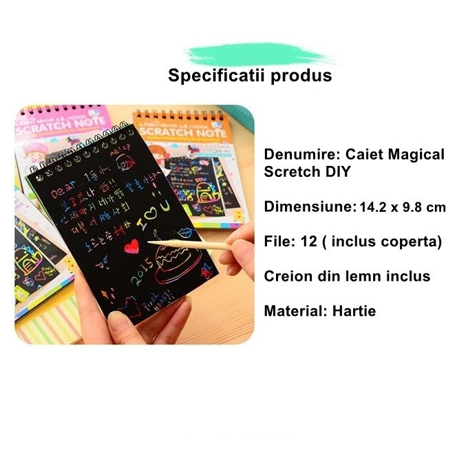 Caiet cu fise razuibile, DIY Magic Scratch, 12 File, Curcubeu, Creion din Lemn, Cartonase negre, Verde Deschis, 14.2 x 9.8 cm