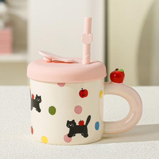 Cana din Ceramica cu Capac si Pai, Capacul si Paiul din Silicon Roz, 9x8.5 cm, Model Cute B, Capacitate 380ml