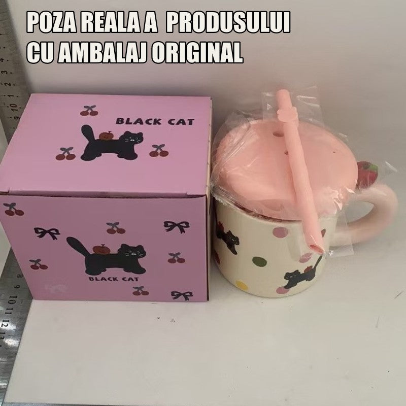 Cana din Ceramica cu Capac si Pai, Capacul si Paiul din Silicon Roz, 9x8.5 cm, Model Cute B, Capacitate 380ml