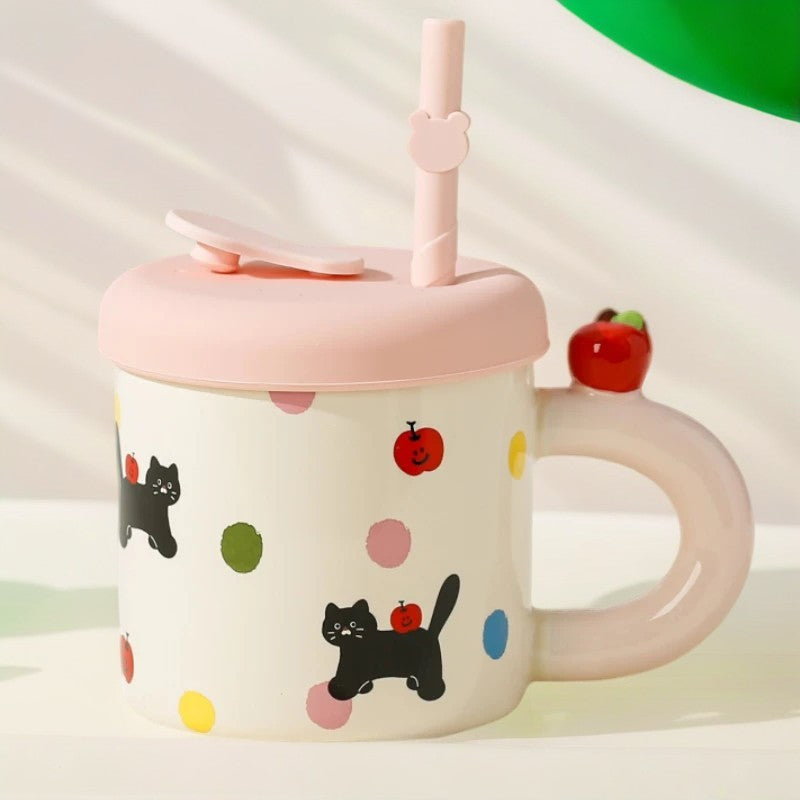 Cana din Ceramica cu Capac si Pai, Capacul si Paiul din Silicon Roz, 9x8.5 cm, Model Cute B, Capacitate 380ml