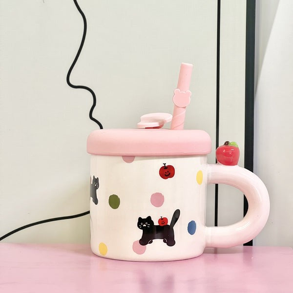 Cana din Ceramica cu Capac si Pai, Capacul si Paiul din Silicon Roz, 9x8.5 cm, Model Cute B, Capacitate 380ml