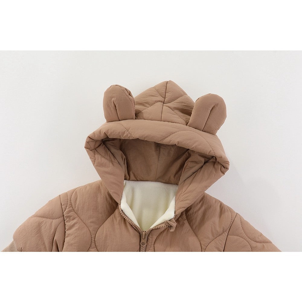 Combinezon de Iarna, pentru Bebelusi, din Bumbac, cu Urechi, Mansete Elastice, Unisex, 73 cm, Maro