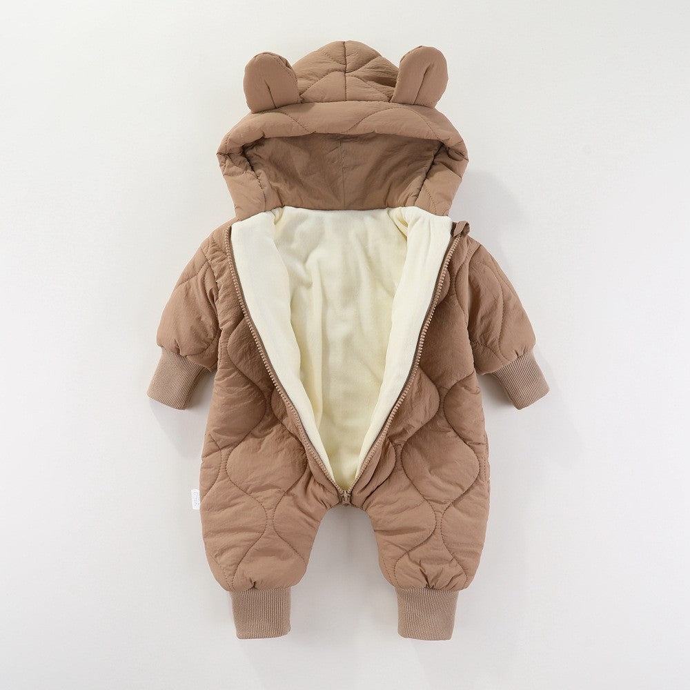 Combinezon de Iarna, pentru Bebelusi, din Bumbac, cu Urechi, Mansete Elastice, Unisex, 73 cm, Maro