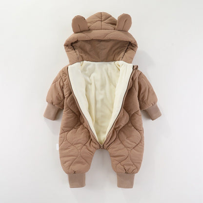 Combinezon de Iarna, pentru Bebelusi, din Bumbac, cu Urechi, Mansete Elastice, Unisex, 73 cm, Maro