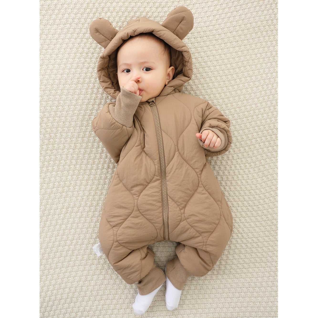 Combinezon de Iarna, pentru Bebelusi, din Bumbac, cu Urechi, Mansete Elastice, Unisex, 73 cm, Maro