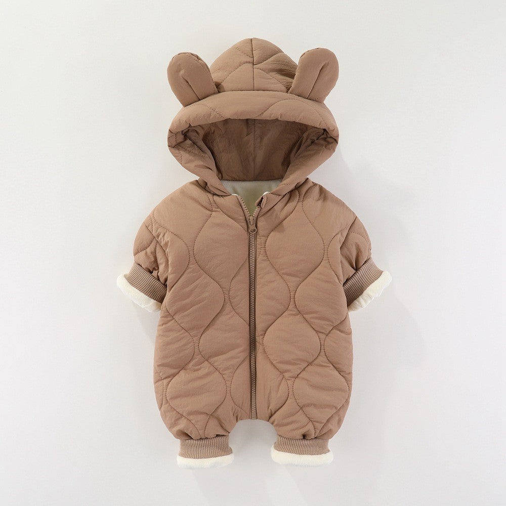 Combinezon de Iarna, pentru Bebelusi, din Bumbac, cu Urechi, Mansete Elastice, Unisex, 73 cm, Maro