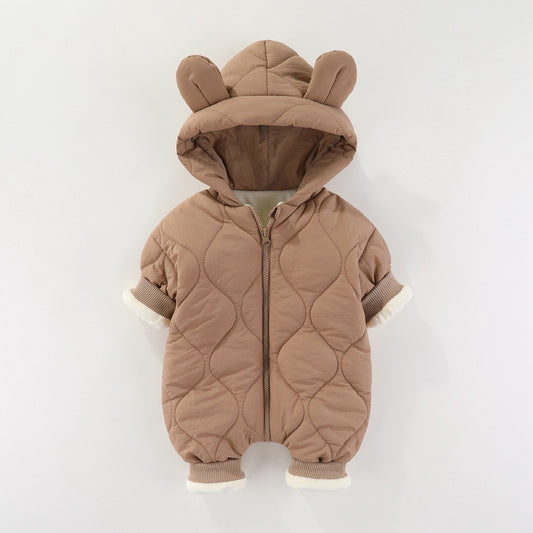 Combinezon de Iarna, pentru Bebelusi, din Bumbac, cu Urechi, Mansete Elastice, Unisex, 73 cm, Maro