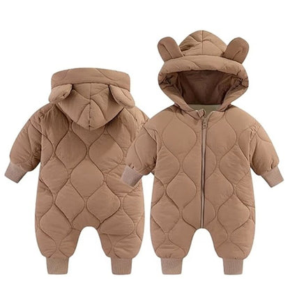 Combinezon de Iarna, pentru Bebelusi, din Bumbac, cu Urechi, Mansete Elastice, Unisex, 73 cm, Maro