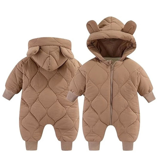 Combinezon de Iarna, pentru Bebelusi, din Bumbac, cu Urechi, Mansete Elastice, Unisex, 73 cm, Maro