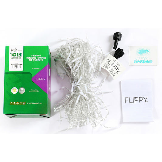 Componenta Instalatie de Craciun® Tip Franjuri, 8 jocuri de lumini, Sectiune 5 m, 143 LED-uri, Interconectabila, Fir Transparent, Alb Cald