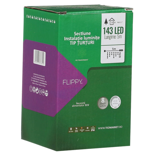 Componenta Instalatie de Craciun® Tip Franjuri, 8 jocuri de lumini Sectiune 5 m, 143 LED-uri, Interconectabila, Fir Transparent, Alb Rece, Nu contine Transformator !