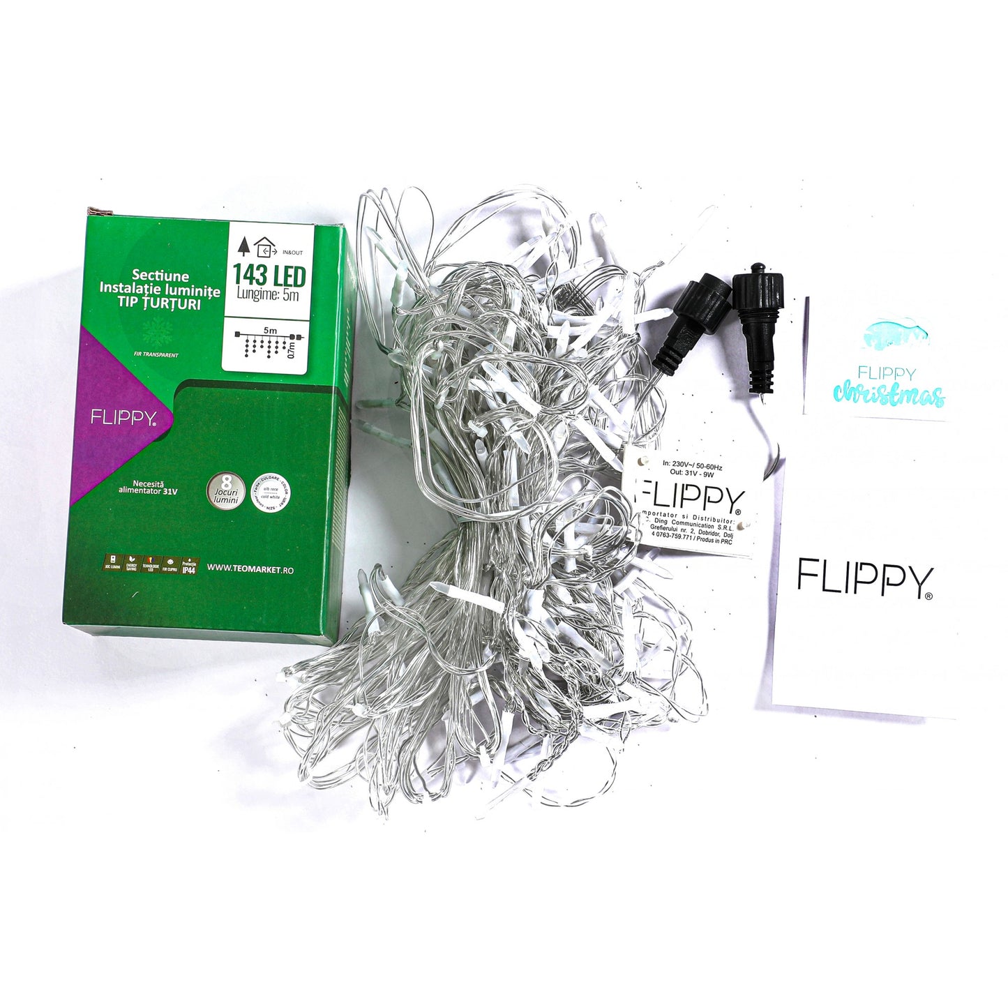 Componenta Instalatie de Craciun® Tip Franjuri, 8 jocuri de lumini Sectiune 5 m, 143 LED-uri, Interconectabila, Fir Transparent, Alb Rece, Nu contine Transformator !