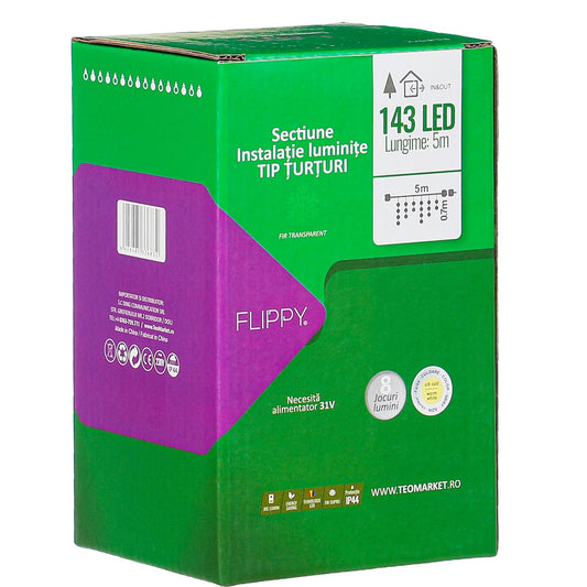 Componenta Instalatie de Craciun® Tip Franjuri, 8 jocuri de lumini, Sectiune 5 m, 143 LED-uri, Interconectabila, Fir Transparent, Alb Cald