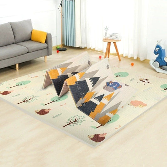 Covoras pentru Copii, cu 2 Fete, Model Padure/Elefanti, din XPE+PE, Impermeabil, Antiderapant, Protectie Termica, +3 Luni, Pliabil, 150 x 200 x 1.5 cm, Multicolor