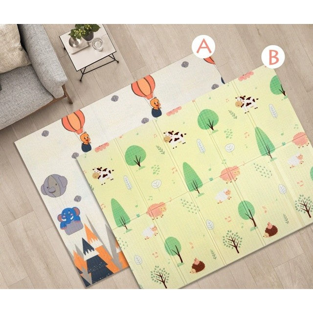 Covoras pentru Copii, cu 2 Fete, Model Padure/Elefanti, din XPE+PE, Impermeabil, Antiderapant, Protectie Termica, +3 Luni, Pliabil, 150 x 200 x 1.5 cm, Multicolor