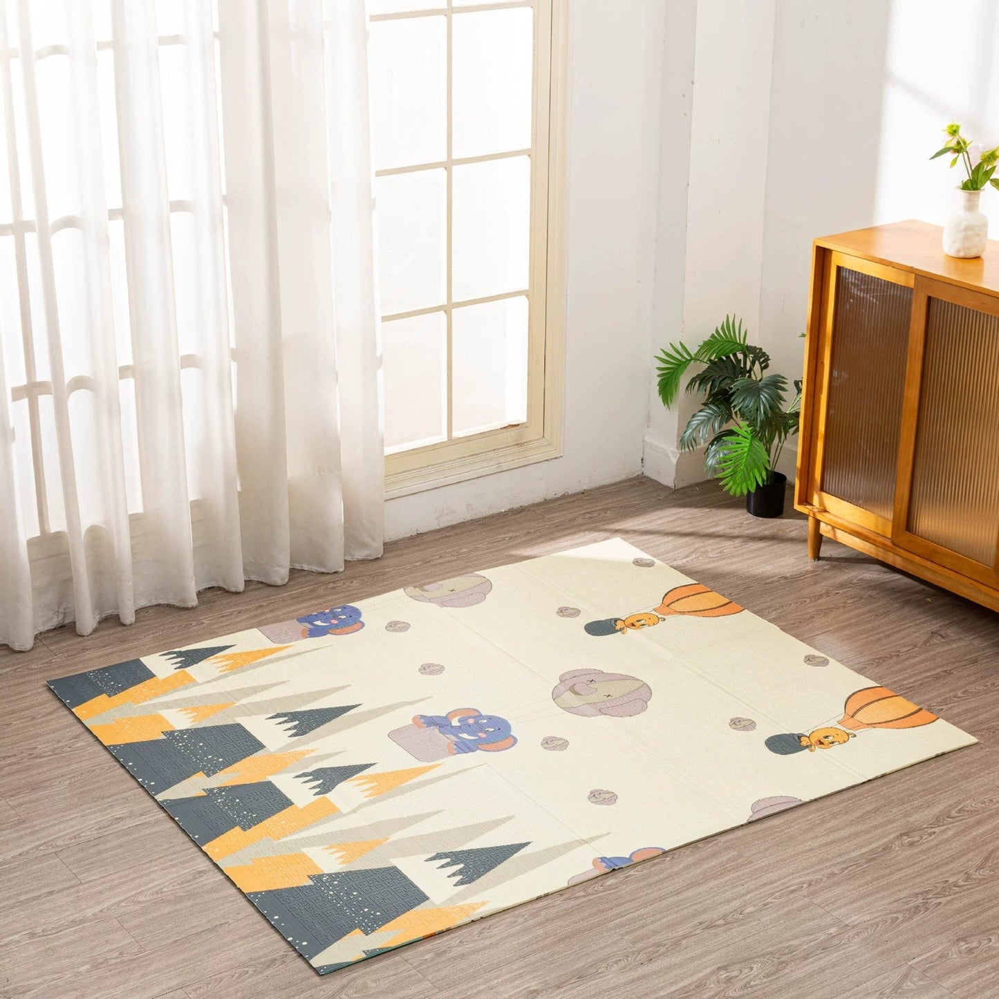 Covoras pentru Copii, cu 2 Fete, Model Padure/Elefanti, din XPE+PE, Impermeabil, Antiderapant, Protectie Termica, +3 Luni, Pliabil, 150 x 200 x 1.5 cm, Multicolor