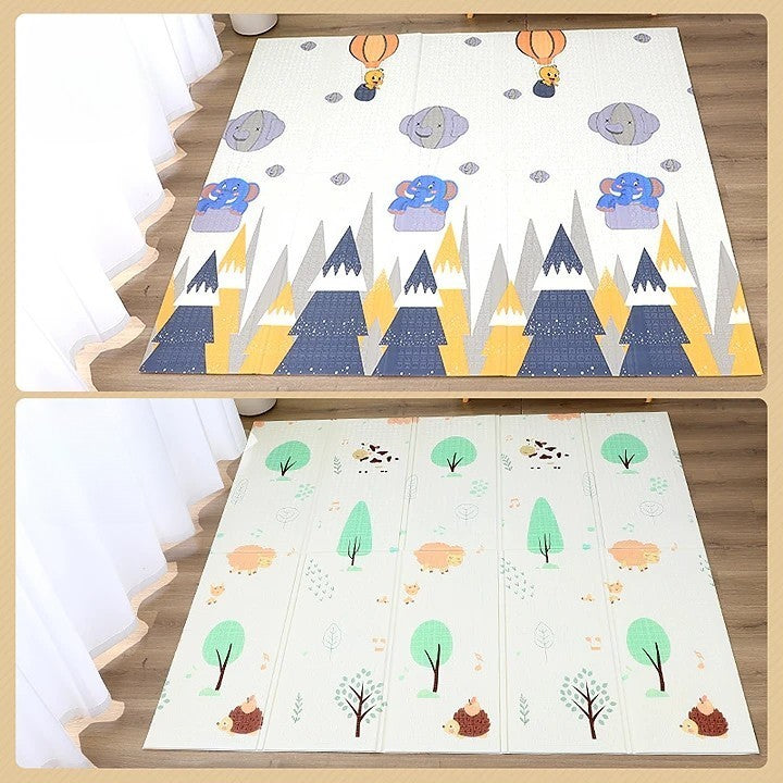 Covoras pentru Copii, cu 2 Fete, Model Padure/Elefanti, din XPE+PE, Impermeabil, Antiderapant, Protectie Termica, +3 Luni, Pliabil, 150 x 200 x 1.5 cm, Multicolor