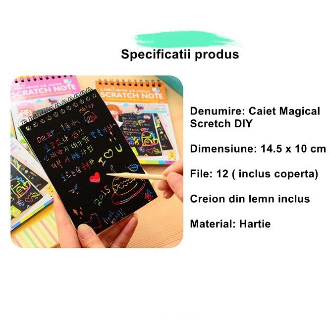 Caiet cu fise razuibile, DIY Magic Scratch, 12 File, Curcubeu, Creion din Lemn, Cartonase negre, 14.5 x 10 cm, albastru