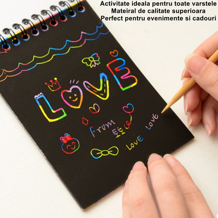 Caiet cu fise razuibile, DIY Magic Scratch, 12 File, Curcubeu, Creion din Lemn, Cartonase negre, 14.5 x 10 cm, albastru