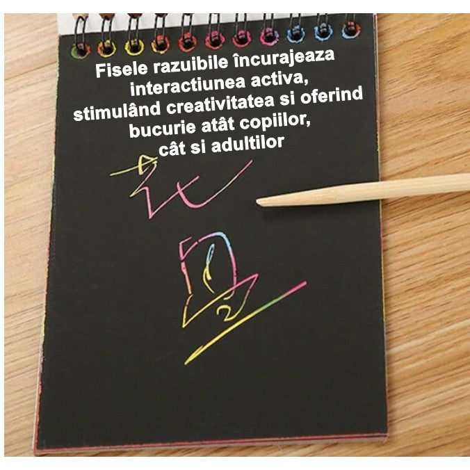 Caiet cu fise razuibile, DIY Magic Scratch, 12 File, Curcubeu, Creion din Lemn, Cartonase negre, 14.5 x 10 cm, albastru
