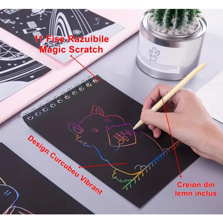 Caiet cu fise razuibile, DIY Magic Scratch, 12 File, Curcubeu, Creion din Lemn, Cartonase negre, 14.5 x 10 cm, albastru