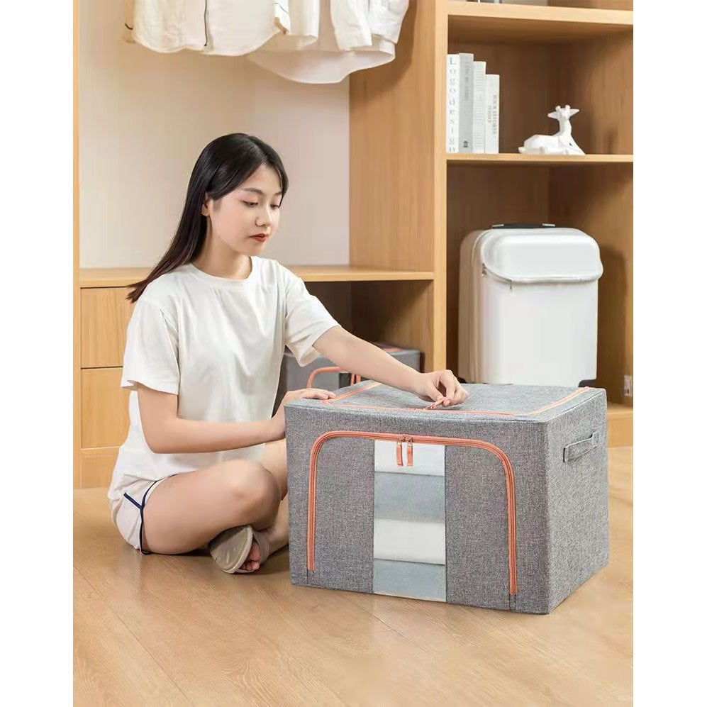 Cutie de Depozitare Pliabila, 24 L, din Bumbac si In, 40x30x20 cm, Fereastra Frontala, 2 Usi de Acces cu Fermoar Bidirectional, Cadru Metalic, Suport Baza Stabil din Plastic, Gri