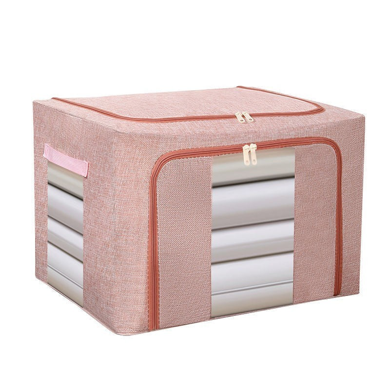 Cutie de Depozitare Pliabila, 66 L, din Bumbac si In, 50x40x33 cm, 2 Ferestre, Frontala si Laterala, 2 Usi de Acces cu Fermoar Bidirectional, Cadru Metalic, Suport Baza Stabil din Plastic, Roz Pudrat